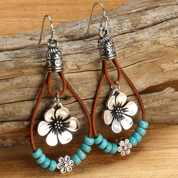 Boho Sølv Blomst Turquoise Øreringe