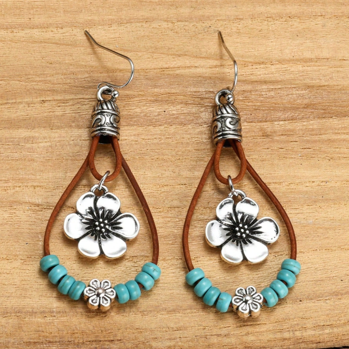 Boho Sølv Blomst Turquoise Øreringe