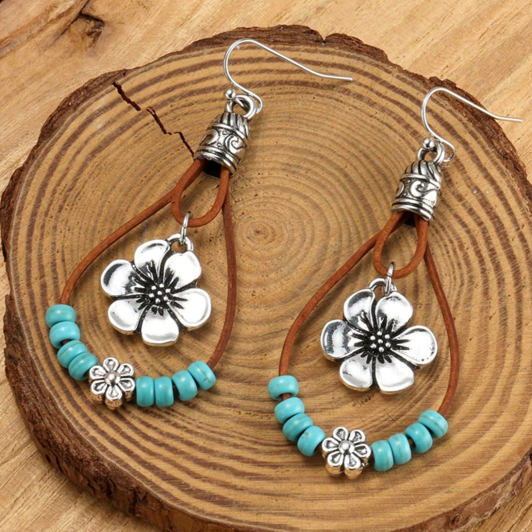 Boho Sølv Blomst Turquoise Øreringe