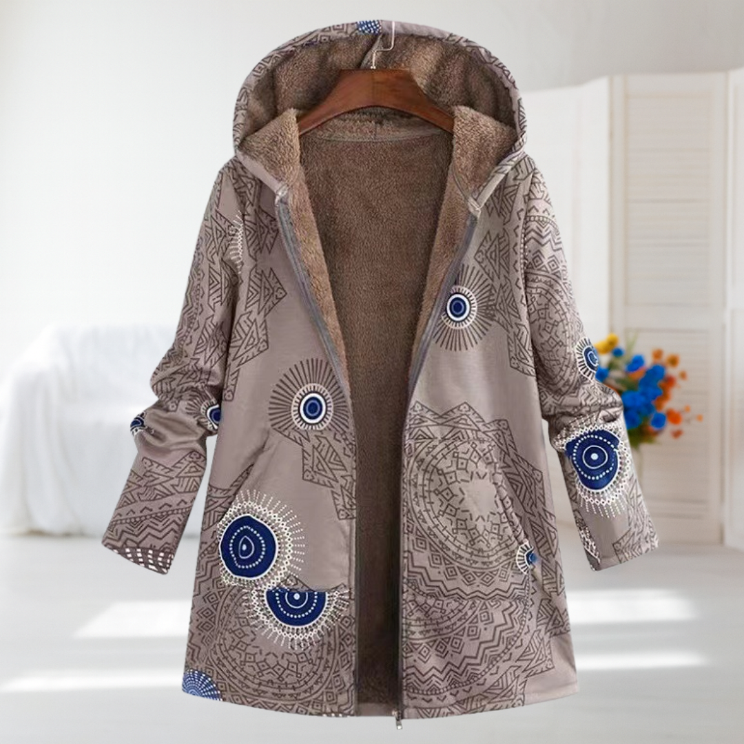 Margaret | Beige Kapuzenmantel med Mandala-Mønster