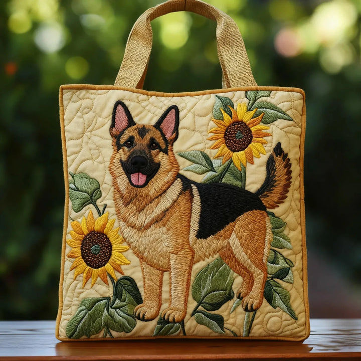 Carmen | Gesteppet taske med motiv af tysk schæferhund med solsikker