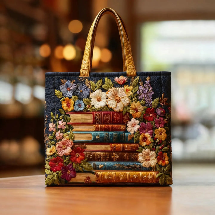 Kristina | Gesteppet Tragetaske med Motiv Bibliotek i Blomstring