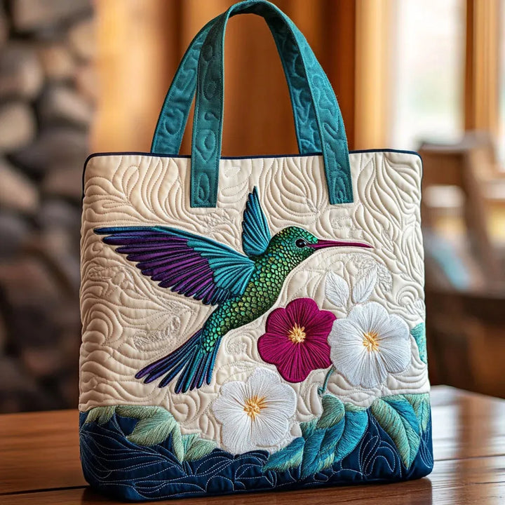 Miriam | Gesteppet Taske med Motiv Kolibri og Hvide Blomster