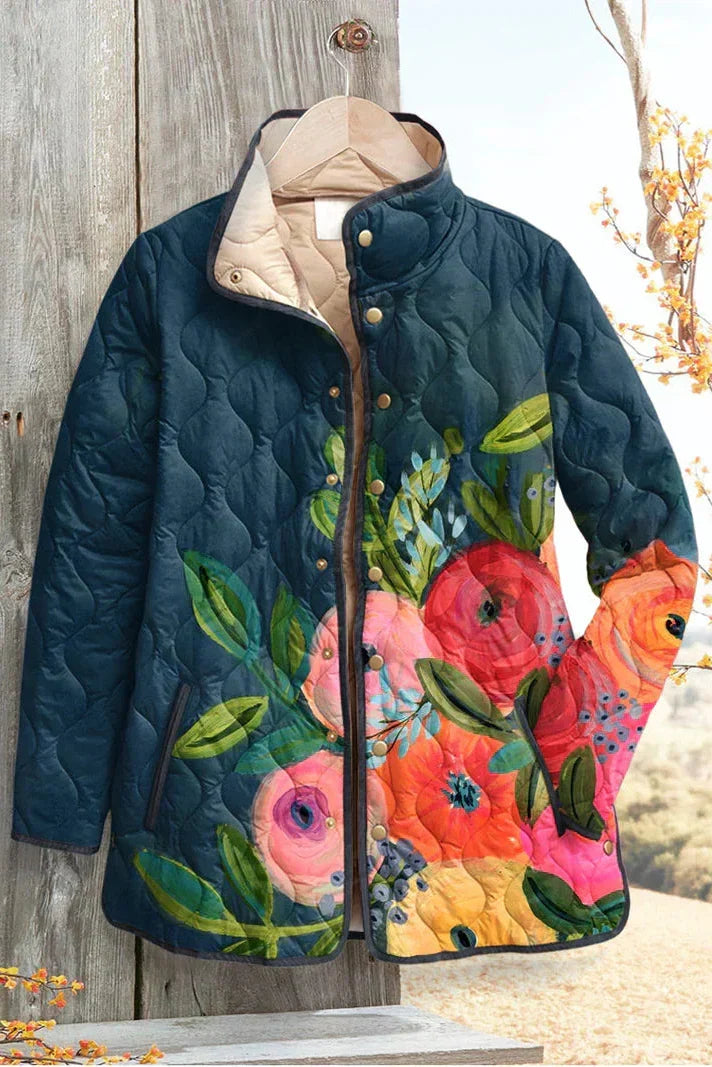 Flora | Mørkeblå quiltet jakke med blomstermotiv