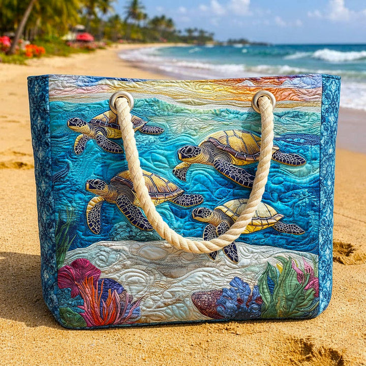 Silvia | Gesteppet Strandtaske med Motiv af Skildpadder og Koraller