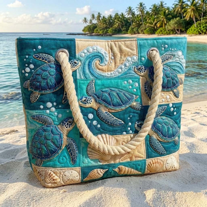 Rosa | Gesteppede Strandtaske med Motivet Patchwork med Skildpadder og Muslinger