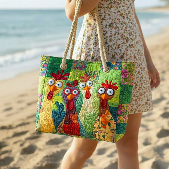 Rosel | Gesteppet Strandtaske med Motiv af Bunte Haner