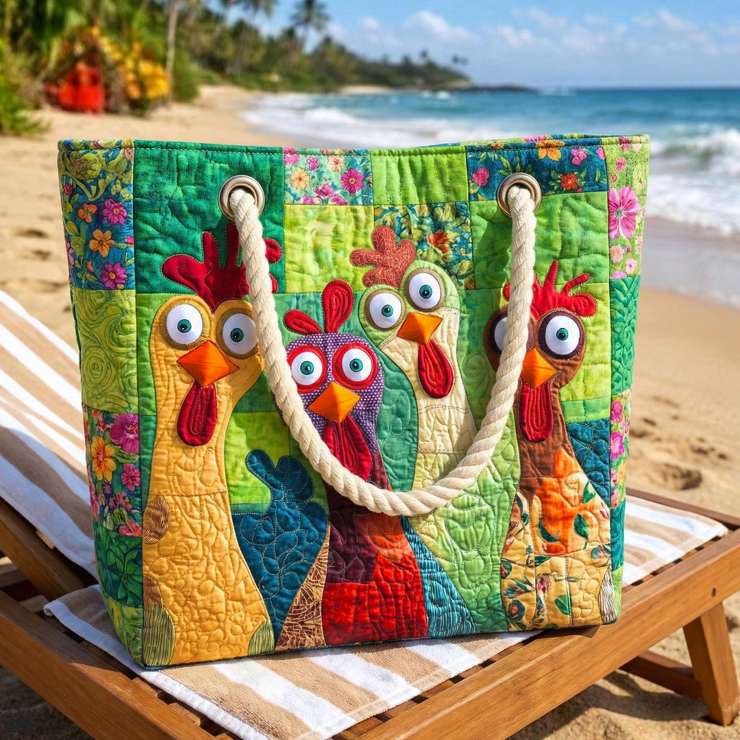 Rosel | Gesteppet Strandtaske med Motiv af Bunte Haner