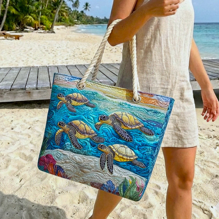Silvia | Gesteppet Strandtaske med Motiv af Skildpadder og Koraller