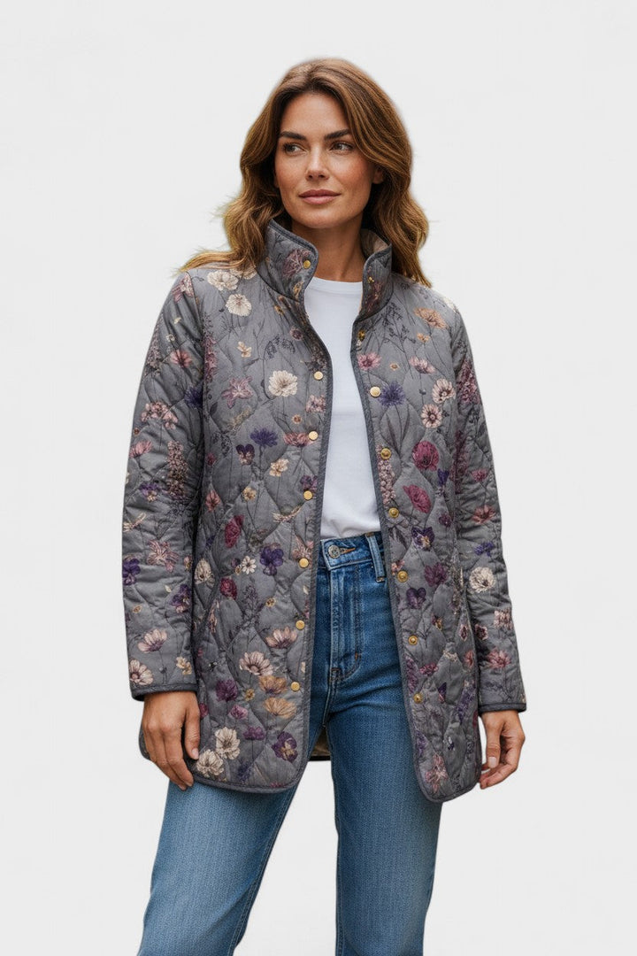 Lydia | Grå quiltet jakke med blomsterprint