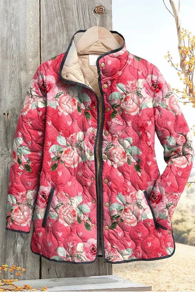 Roswitha | Rosa farvet quiltet jakke med blomsterprint