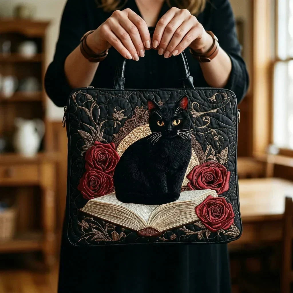 Lilli | Quiltet Taske med Motiv af Sort Kat og Røde Rosen