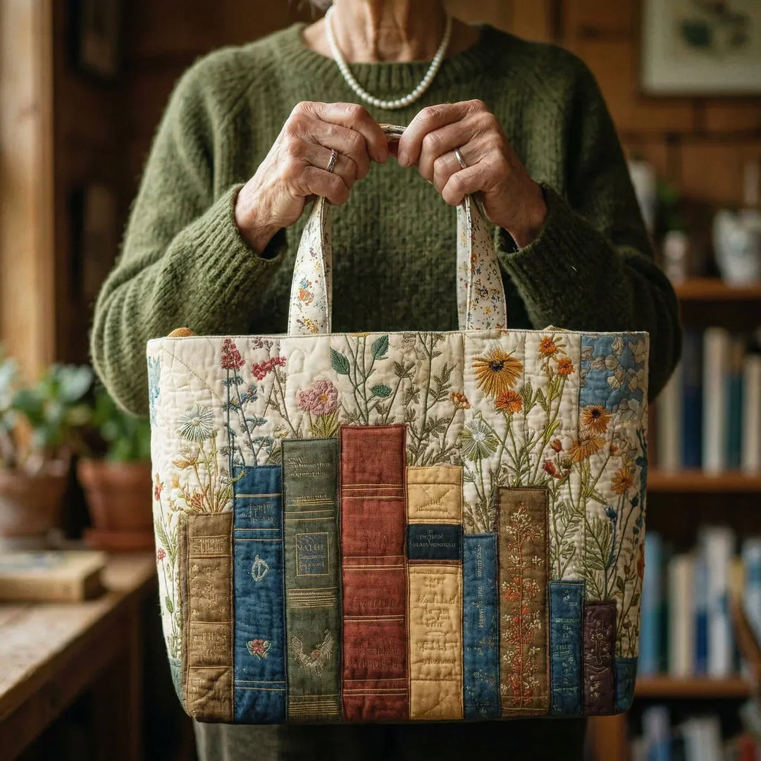 Nadja | Gesteppet Tragetaske med Motiv af Bøger og Vildblomster